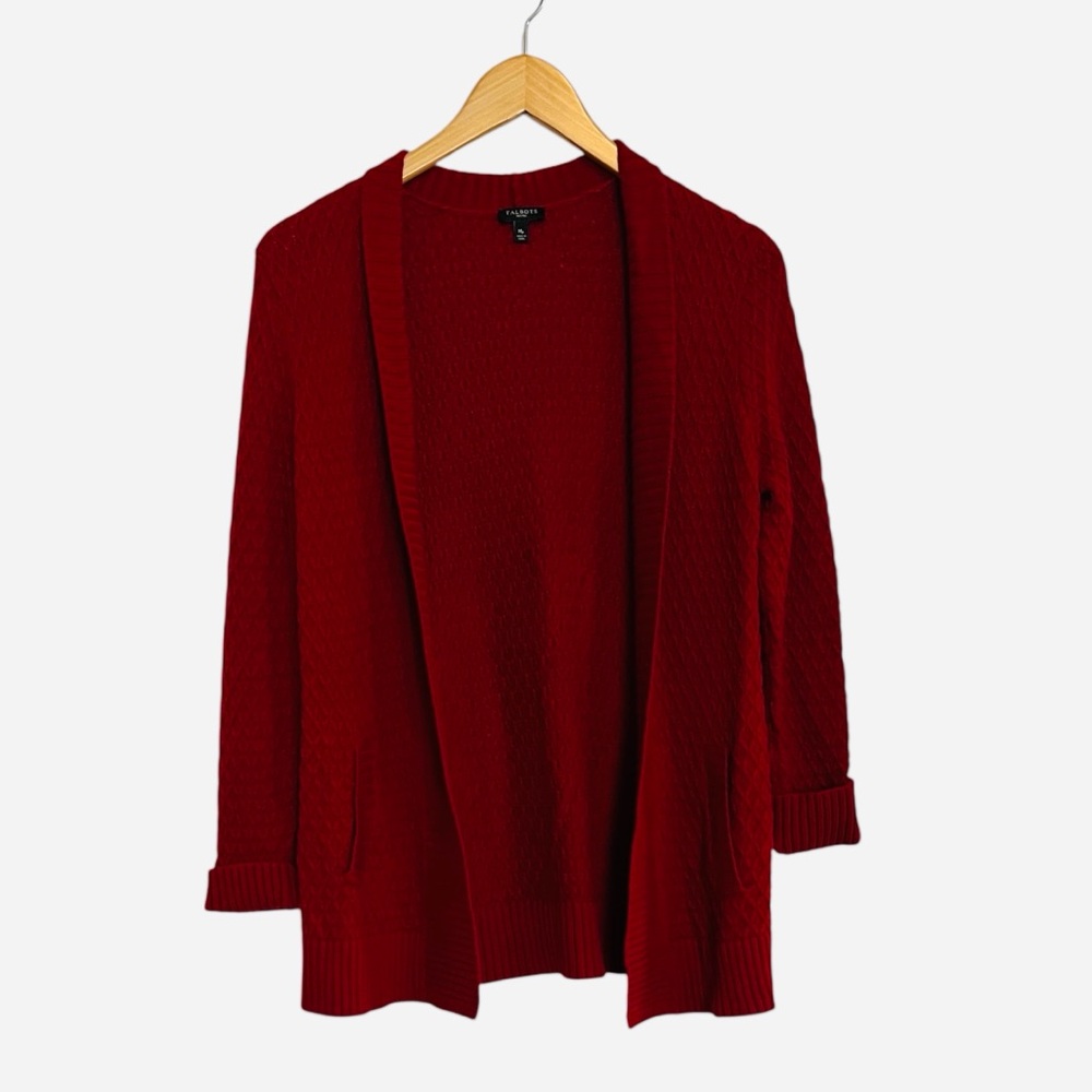 Talbots Petites Deep Red Lambswool Blend Open Front Cardigan Size Medium